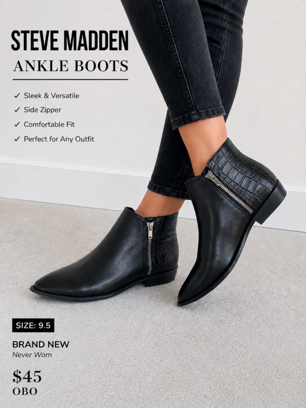 Steve Madden Women’s Black Ankle Boots Size 9.5 Side Zip Croc Embossed NEW